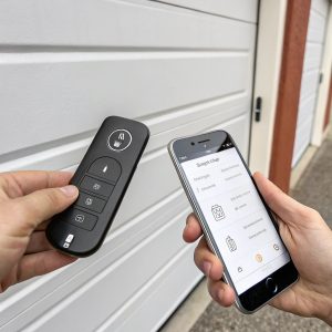 A photo of a smartphone and garage door remote