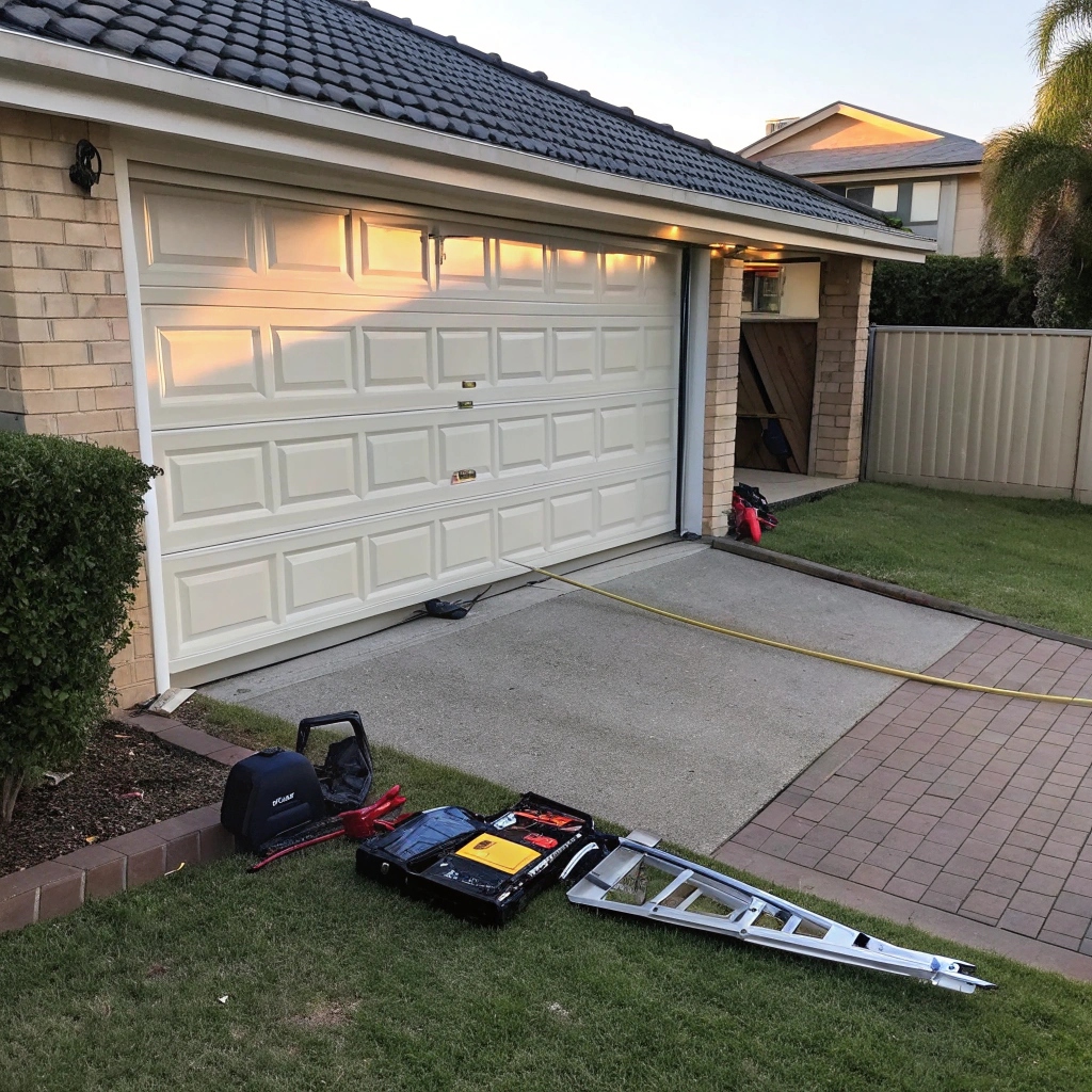 Emergency garage door spring repair showing broken components and professional repair tools