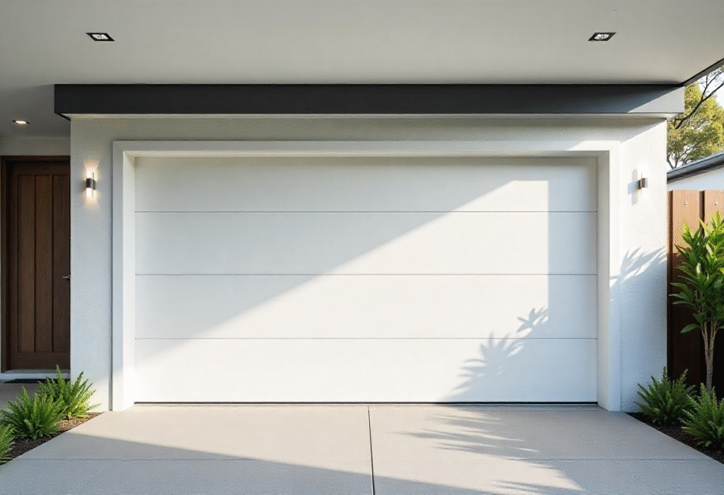 Wide angle photograph of a sleek modern residential garage door