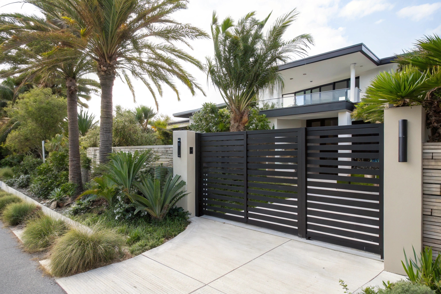 Custom steel driveway gate at modern Northern Beaches home entrance