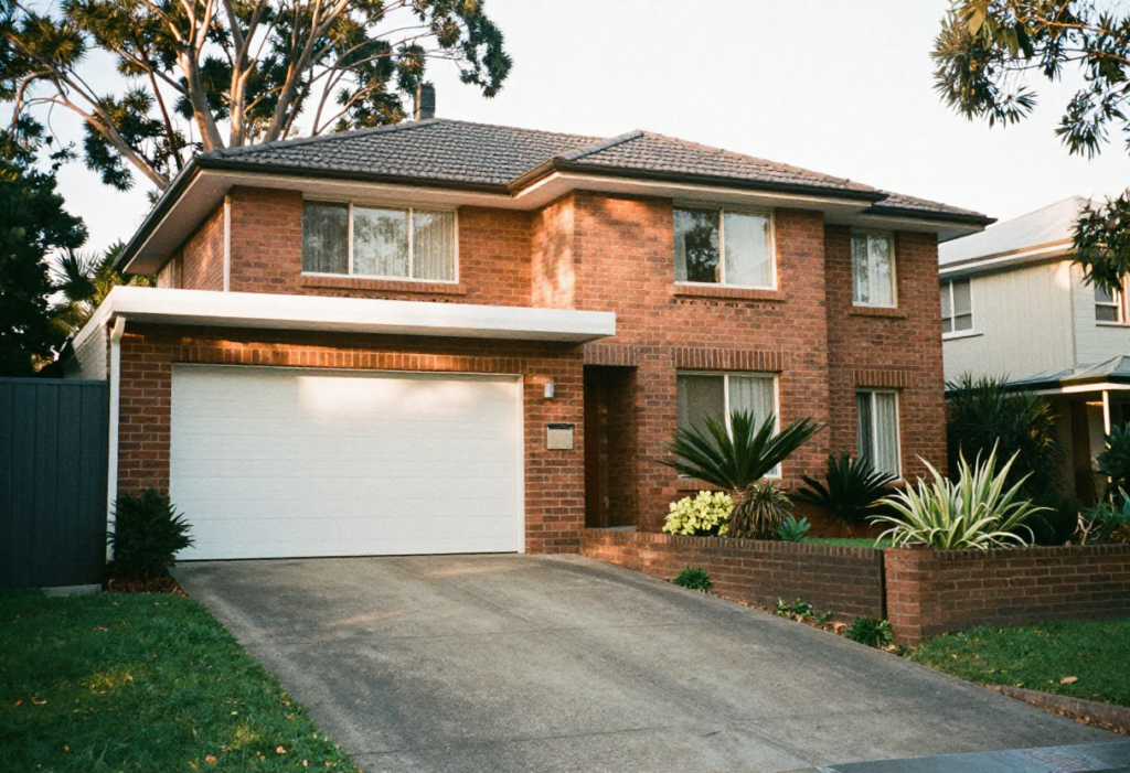 suburban brick home on a sloping driveway with a modern white Colorbond roller garage door,
