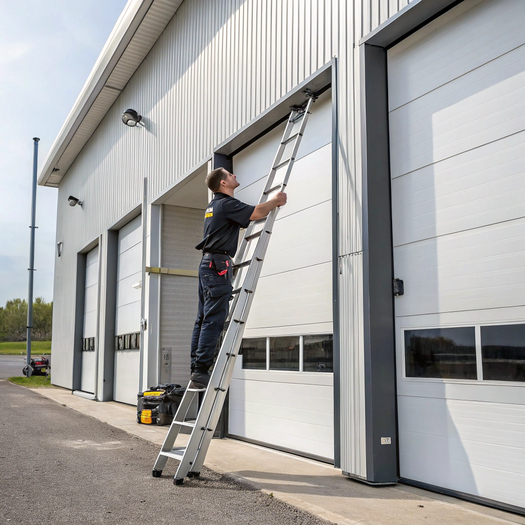 Professional technician installing commercial garage door system