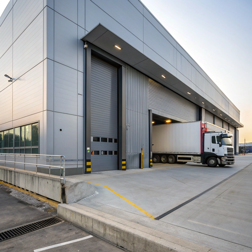 Commercial garage door at warehouse loading dock with delivery truck access