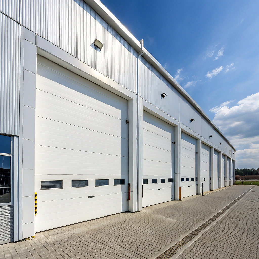 Sectional commercial garage door installed on warehouse facility