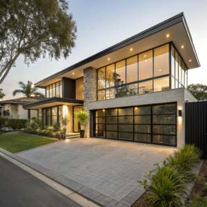 Custom architectural garage door installed on high-end contemporary home at Long Reef