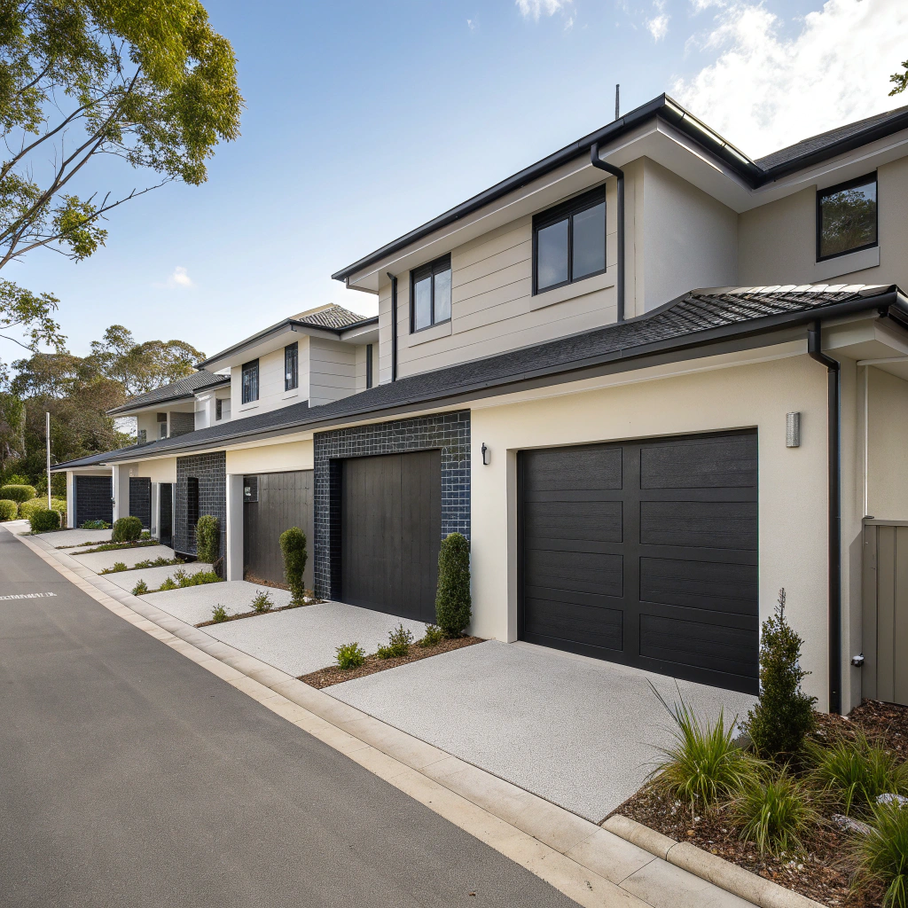 Matching garage doors installed across townhouse complex on the Northern Beaches