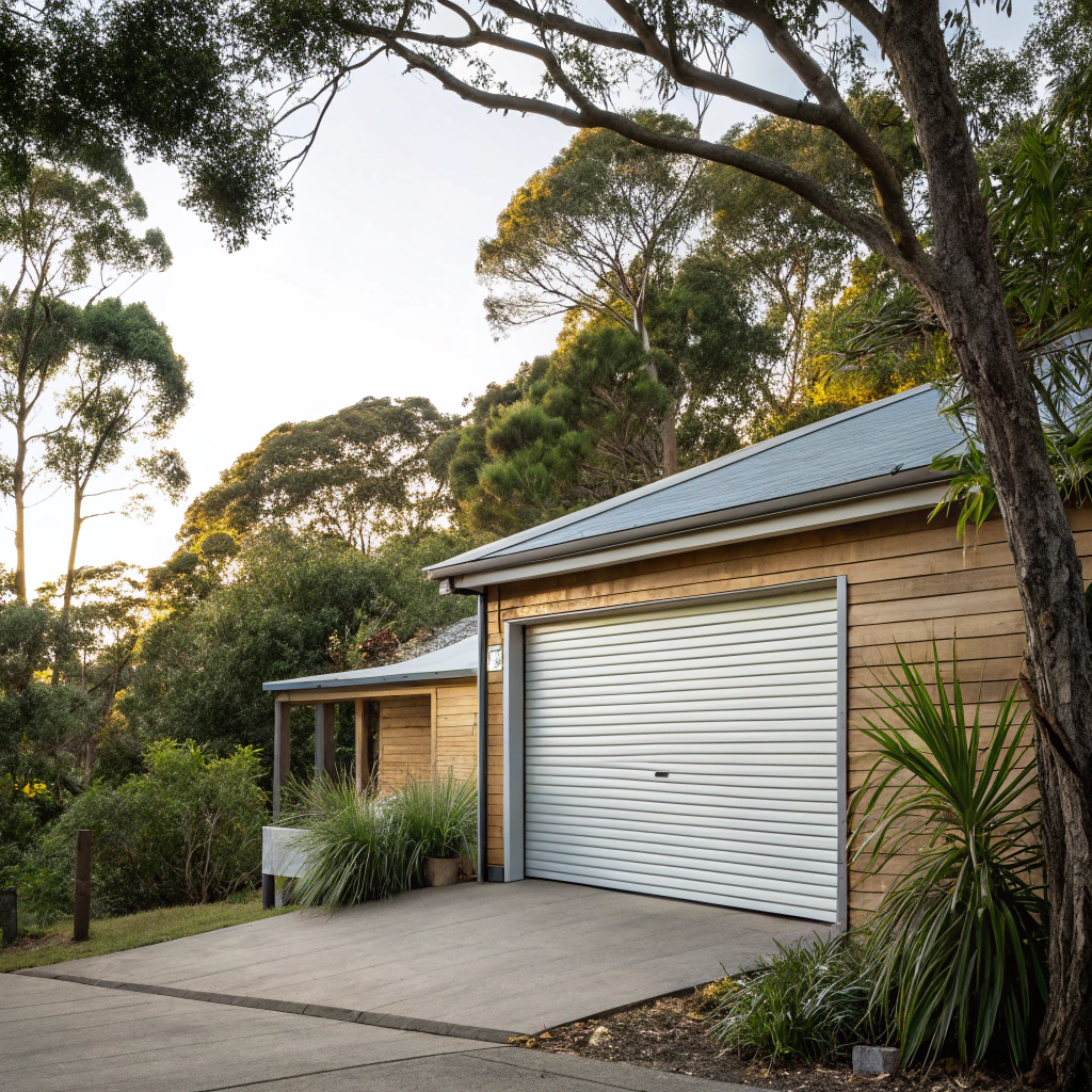 Marine grade aluminium roller door installed on a timber island home Scotland Island