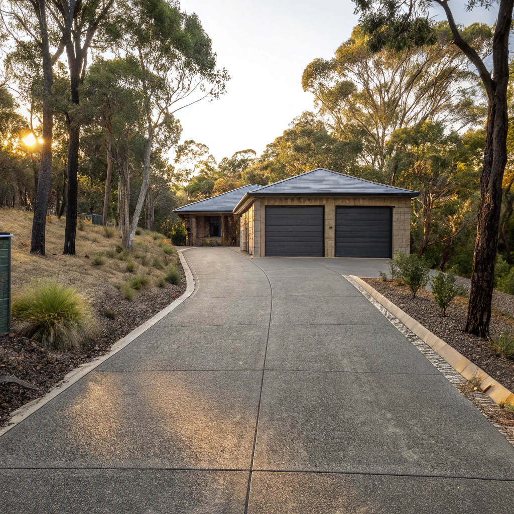 Colorbond panel lift garage door on a home with a long driveway surrounded by bushland in Terrey Hills