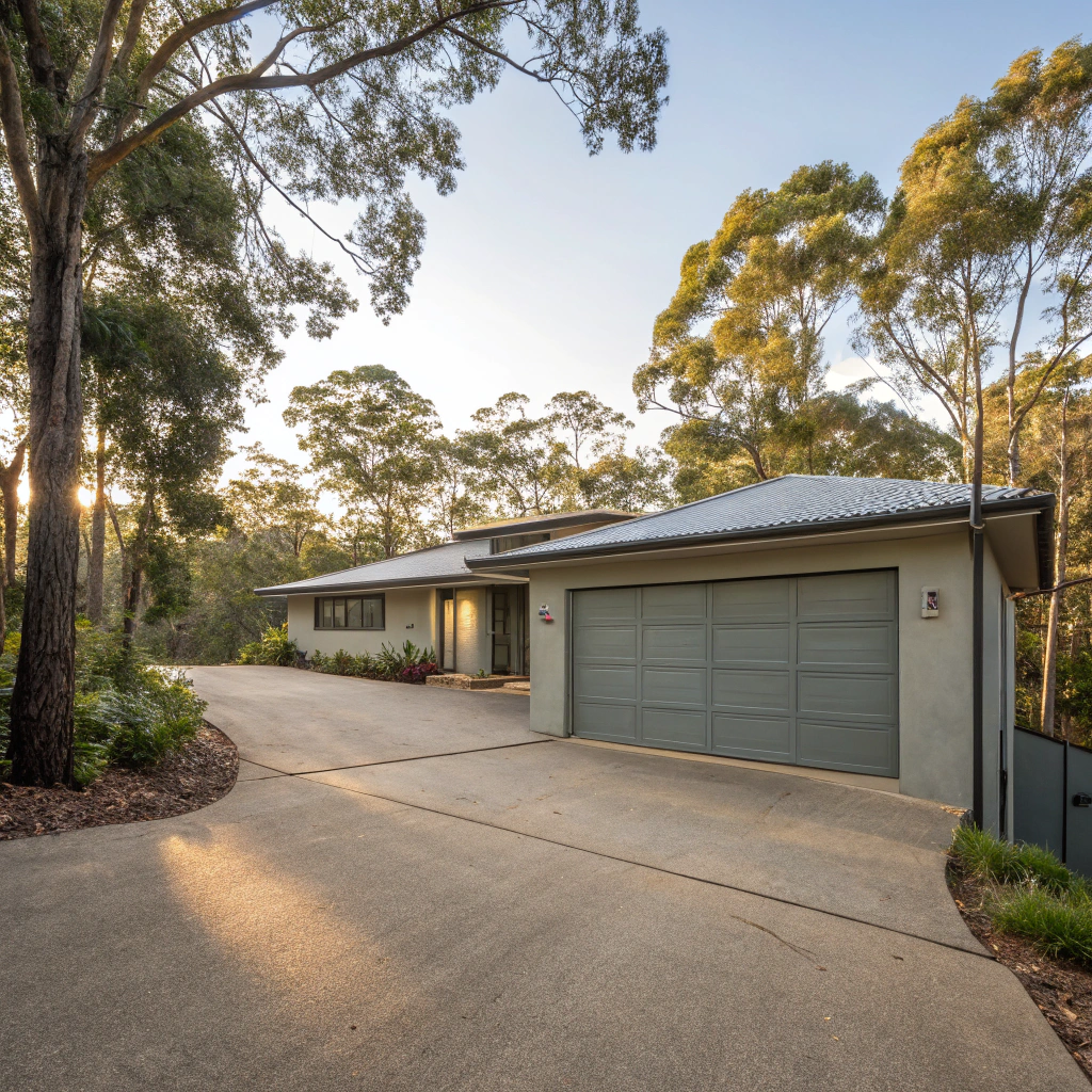 Tradesman measuring and installing a custom-sized garage door on a large Northern Beaches home